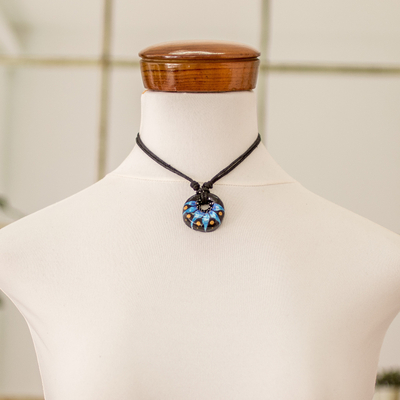 Collar colgante de cerámica - Collar ajustable con colgante floral de cerámica pintada en azul