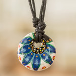 Ceramic pendant necklace, 'Heaven's Blue Grace' - Blue Ceramic Pendant Necklace with Adjustable Cotton Cord