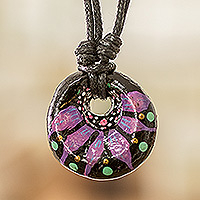Collar colgante de cerámica, 'Night's Purple Grace' - Collar colgante de cerámica pintado ajustable floral en púrpura