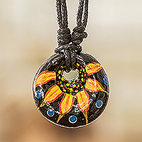 Ceramic pendant necklace, 'Night's Yellow Grace' - Floral Adjustable Painted Ceramic Pendant Necklace in Yellow