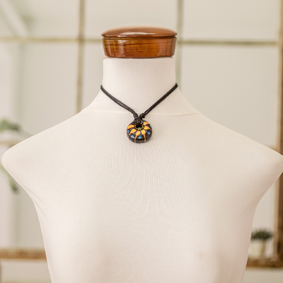 Ceramic pendant necklace, 'Night's Yellow Grace' - Floral Adjustable Painted Ceramic Pendant Necklace in Yellow