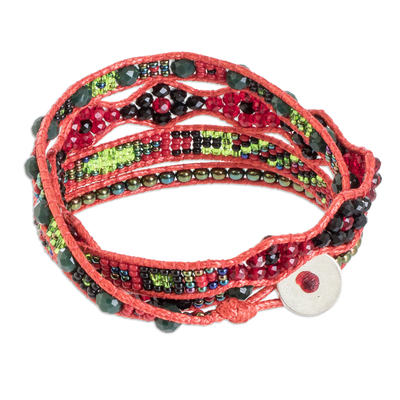 Positive energy bracelet, 'Fiery Passion' - Handcrafted Beaded Positive Energy Long Wrap Bracelet