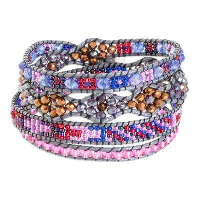 Beaded wrap bracelet, 'Grey Country Flowers' - Hand-Woven Beaded Wrap Bracelet in Pink with Pewter Button