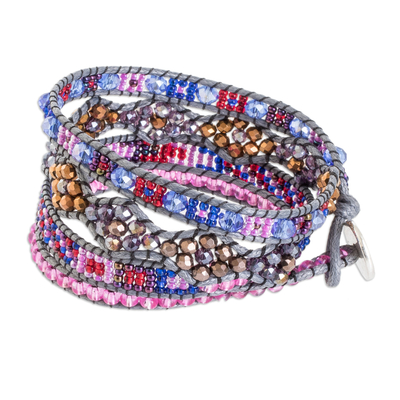 Beaded wrap bracelet, 'Grey Country Flowers' - Hand-Woven Beaded Wrap Bracelet in Pink with Pewter Button