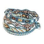 Beaded wrap bracelet, 'Blue Country Flowers' - Hand-Woven Beaded Wrap Bracelet in Blue with Pewter Button