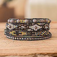 Beaded wrap bracelet, 'Black Country Flowers' - Hand-Woven Beaded Wrap Bracelet in Black with Pewter Button