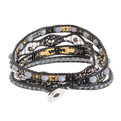 Beaded wrap bracelet, 'Black Country Flowers' - Hand-Woven Beaded Wrap Bracelet in Black with Pewter Button