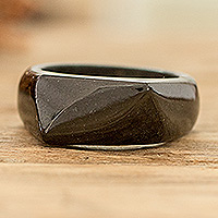 Jade band ring, 'Power Facet' - Handcrafted Modern Black Jade Band Ring from Guatemala