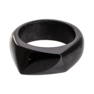 Jade band ring, 'Power Facet' - Handcrafted Modern Black Jade Band Ring from Guatemala