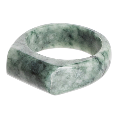 Jade band ring, 'Vitality Silhouettes' - Modern Geometric Natural Jade Band Ring in Dark Green