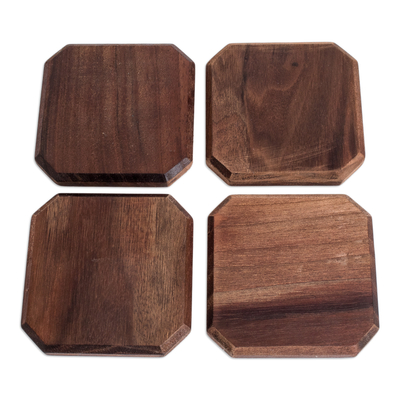 Wood coasters, 'Wisdom Stage' (set of 4) - Set of 4 Hand-Carved Geometric Walnut Wood Coasters