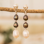 Cultured pearl dangle earrings, 'Sea Essence' - 925 Silver Dangle Earrings with Two Tone Cultured Pearls