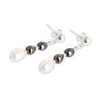 Cultured pearl dangle earrings, 'Sea Essence' - 925 Silver Dangle Earrings with Two Tone Cultured Pearls