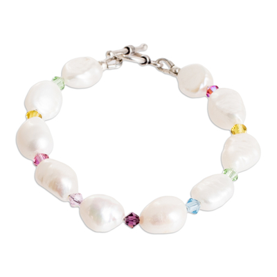 Cultured pearl wristband bracelet, 'colours on White' - Cultured Pearl & Crystal Beaded Bracelet with Silver Clasp