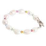 Cultured pearl wristband bracelet, 'Colors on White' - Cultured Pearl & Crystal Beaded Bracelet with Silver Clasp
