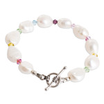 Cultured pearl wristband bracelet, 'Colors on White' - Cultured Pearl & Crystal Beaded Bracelet with Silver Clasp