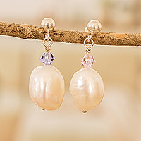 Pendientes colgantes de perlas cultivadas, 'Colors on Cream' - Pendientes colgantes de plata con perlas cultivadas y cuentas de cristal