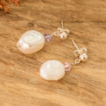 Cultured pearl dangle earrings, 'Colors on Cream' - Silver Dangle Earrings with Cultured Pearls & Crystal Beads