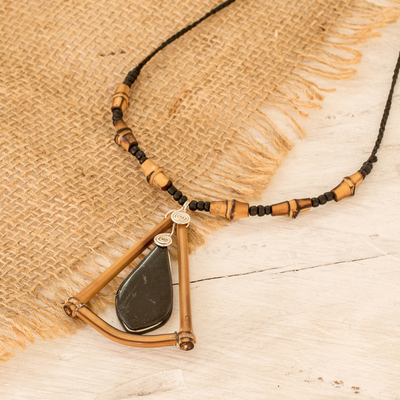 Jade and bamboo beaded pendant necklace, 'Natural Radiance' - Handmade Black Jade and Bamboo Beaded Pendant Necklace