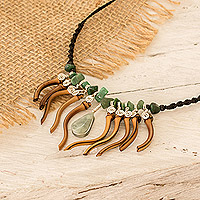 Jade and bamboo statement necklace, 'Natural Magnificence' - Handmade Apple Green Jade and Bamboo Statement Necklace