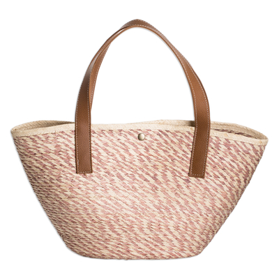 Natural fiber shoulder bag, 'Las Flores Beach' - Handcrafted Beige and Pink Natural Fiber Shoulder Bag