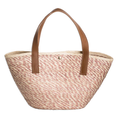 Bolso bandolera de fibras naturales - Bolso Bandolera Artesanal de Fibra Natural Beige y Rosa