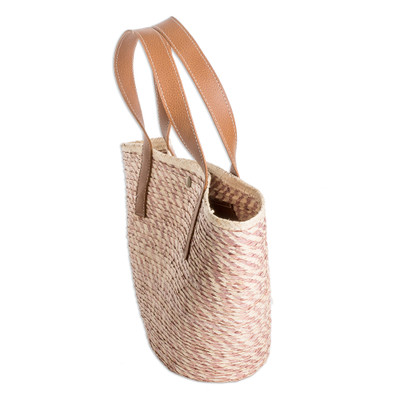 Bolso bandolera de fibras naturales - Bolso Bandolera Artesanal de Fibra Natural Beige y Rosa