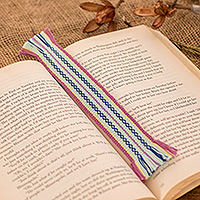 Cotton bookmark, 'Capricious Letters' - Handwoven Pink and Mint Fringed Cotton Bookmark