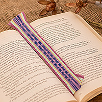 Cotton bookmark, 'Charming Letters' - Handwoven Pink and Purple Fringed Cotton Bookmark