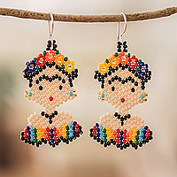 Glass beaded dangle earrings, 'Miss Frida in Spring' - Multicolor Floral Glass Beaded Frida Kahlo Dangle Earrings