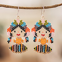 Glass beaded dangle earrings, 'Sweet Worry Dolls' - Handmade Traditional Glass Beaded Worry Doll Dangle Earrings