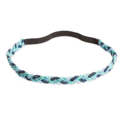 Glass beaded hairband, 'Shades from the Sea' - Handcrafted Turquoise and Blue Glass Beaded Hairband