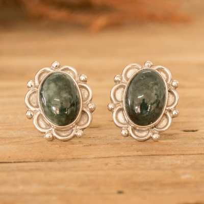 Jade button earrings, 'Maya Queen' - Sterling Silver Button Earrings with Dark Green Jade Stones