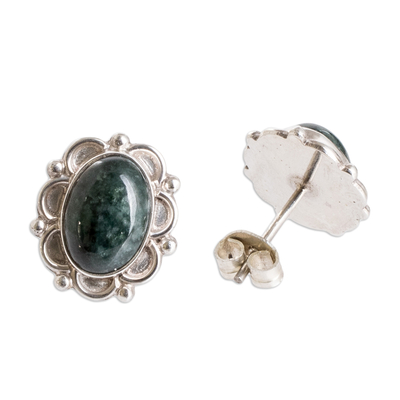 Jade button earrings, 'Maya Queen' - Sterling Silver Button Earrings with Dark Green Jade Stones