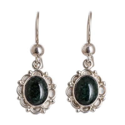 Jade dangle earrings, 'Majestic Maya Queen' - 925 Silver Dangle Earrings with Dark Green Jade Stones