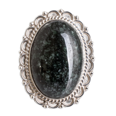 Anillo de cóctel de jade - Anillo de Cóctel de Plata de Ley con Piedra de Jade Verde Oscuro