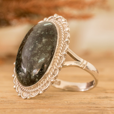 Jade cocktail ring, 'Royal Delicacy' - Sterling Silver Cocktail Ring with Dark Green Jade Stone