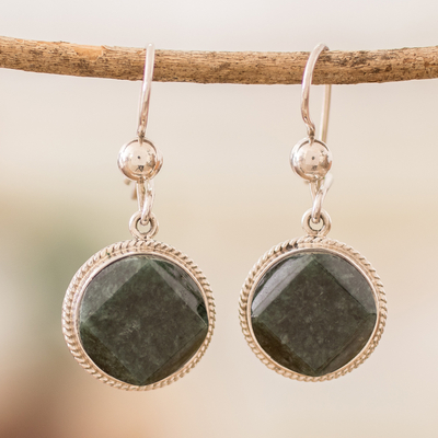 Jade dangle earrings, 'Ancient Heritage' - Dark Green Jade Sterling Silver Geometric Dangle Earrings