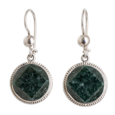 Jade dangle earrings, 'Ancient Heritage' - Dark Green Jade Sterling Silver Geometric Dangle Earrings