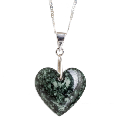 Jade double-sided pendant necklace, 'Love Emotion' - Sterling Silver & Jade Double-Sided Heart Pendant Necklace