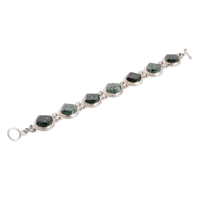 Jade link bracelet, 'Glamorous Flair' - Sterling Silver Light and Dark Green Jade Link Bracelet