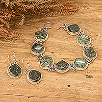 Jade jewelry set, 'Glamorous Flair' - Sterling Silver & Green Jade Bracelet & Earrings Jewelry Set