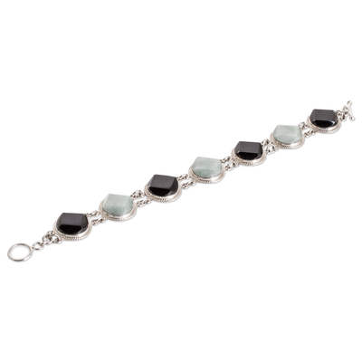 Jade link bracelet, 'Glamorous Style' - Sterling Silver Black and Apple Green Jade Link Bracelet