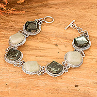 Jade link bracelet, 'Glamorous Allure' - Sterling Silver Dark and Apple Green Jade Link Bracelet
