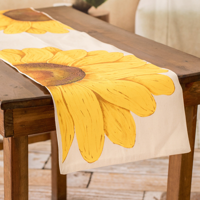 Cotton table runner, 'Sunflowers' - Hand-Painted Cotton Table Runner with Sunflower Motif