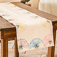 Cotton table runner, 'Aquatic Flowers' - Hand-Painted Cotton Table Runner with Floral Motif