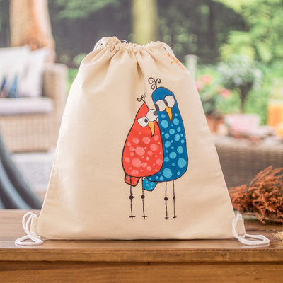 Cotton drawstring backpack, 'Dynamic Duo' - Hand-Painted Bird Themed Cotton Drawstring Backpack