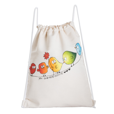 Cotton drawstring backpack, 'Unconditional Support' - Hand-Painted Cotton Drawstring Backpack with Bird Motif