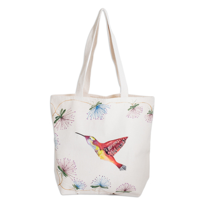 Cotton tote bag, 'Hummingbird' - Handcrafted Cotton Tote Bag with Hummingbird Motif