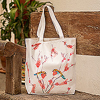 Cotton tote bag, 'Robins' - Handmade Cotton Tote Bag with Robin and Floral Motifs
